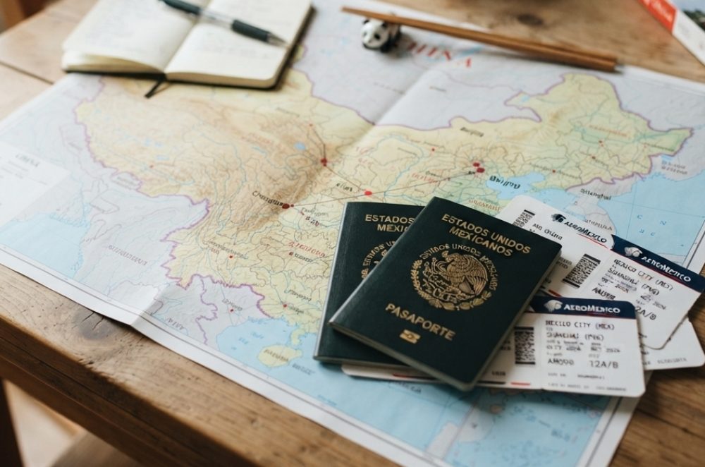 foto mesa con un mapa de china abierto sobre ella y dos pasaportes y pasajes a china